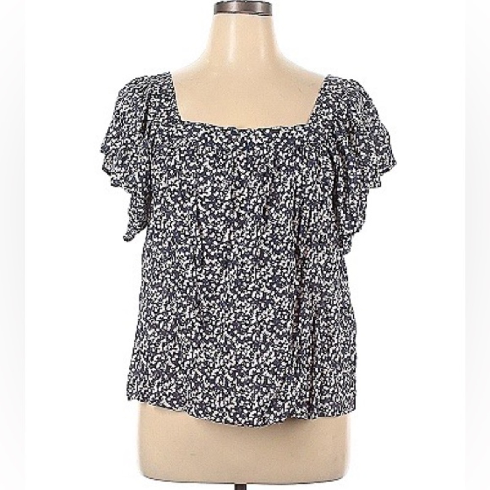 Vince Camuto Steel Blue Floral Short Flounce Sleeve Blouse with Square Neck, XL
